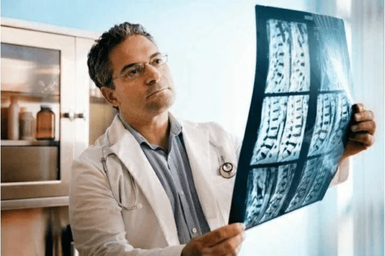 A doctor holding up and assessing an x-ray image.