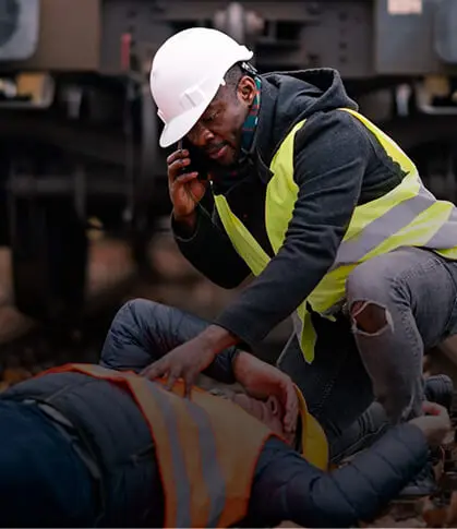 A worker is hurt on the job and co-worker is bent down next to him on a cell phone calling for help.