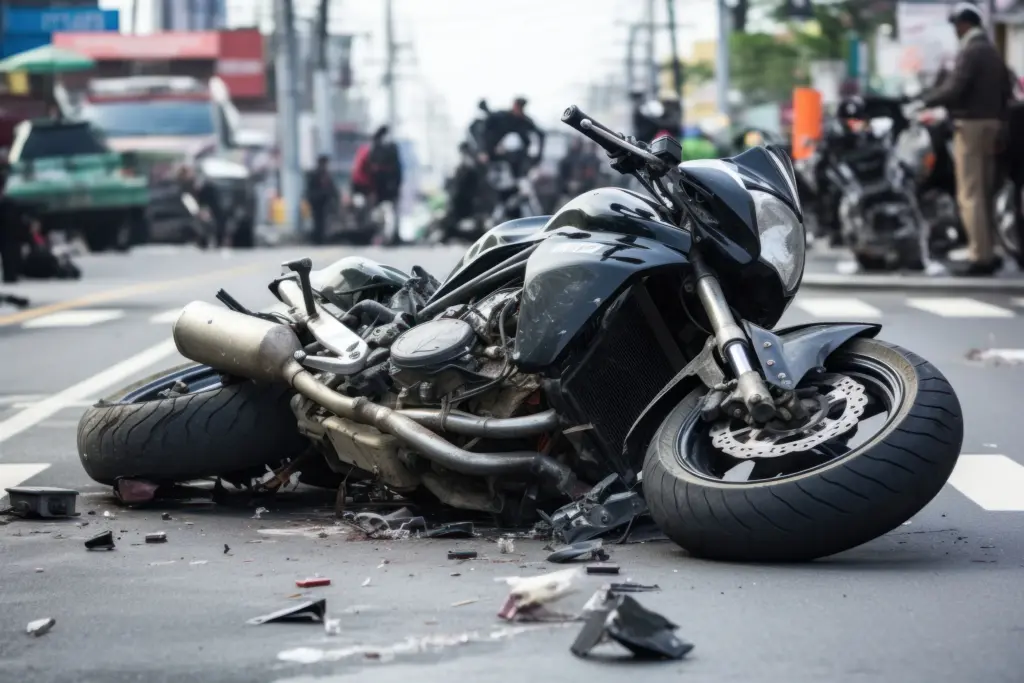 Black motorcycle crashed in daylgiht.