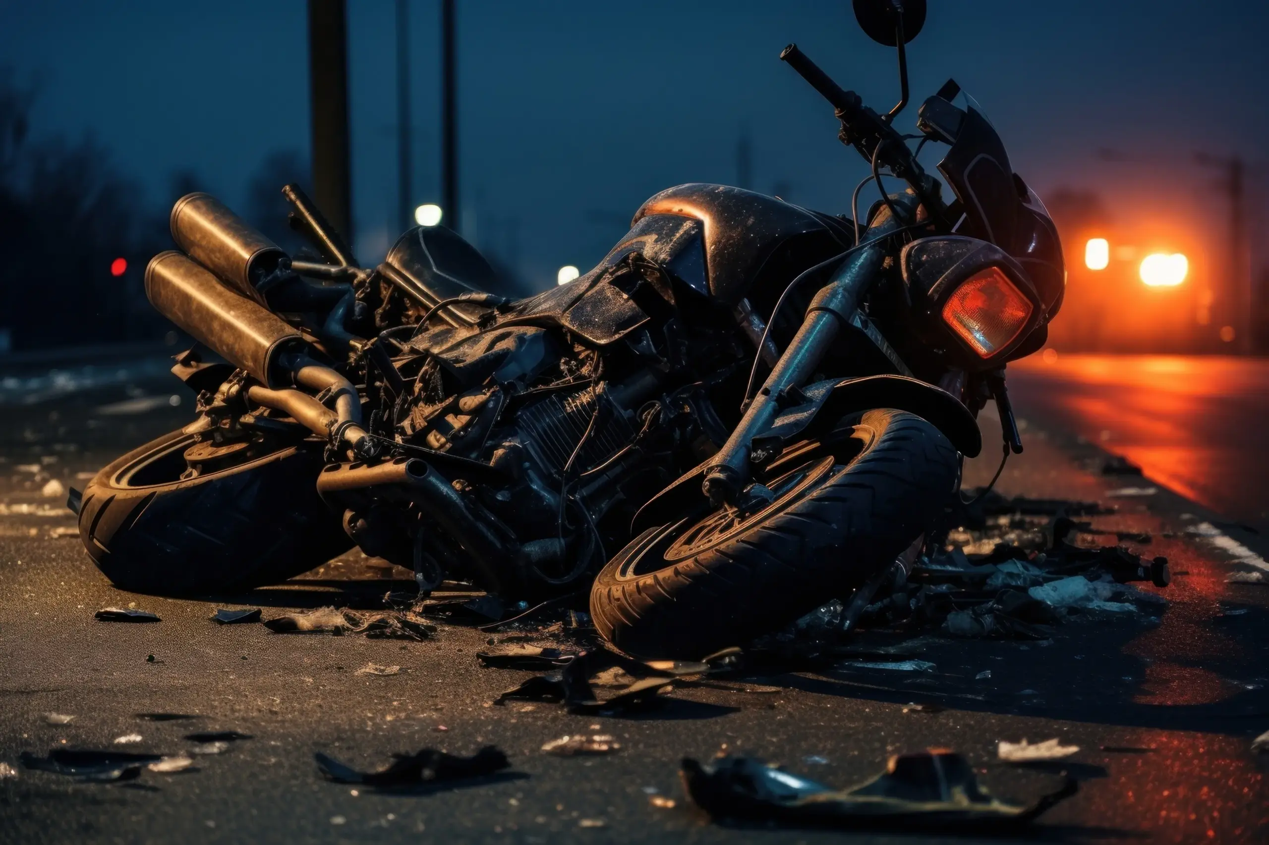 Black motorcycle crashed on road at night.