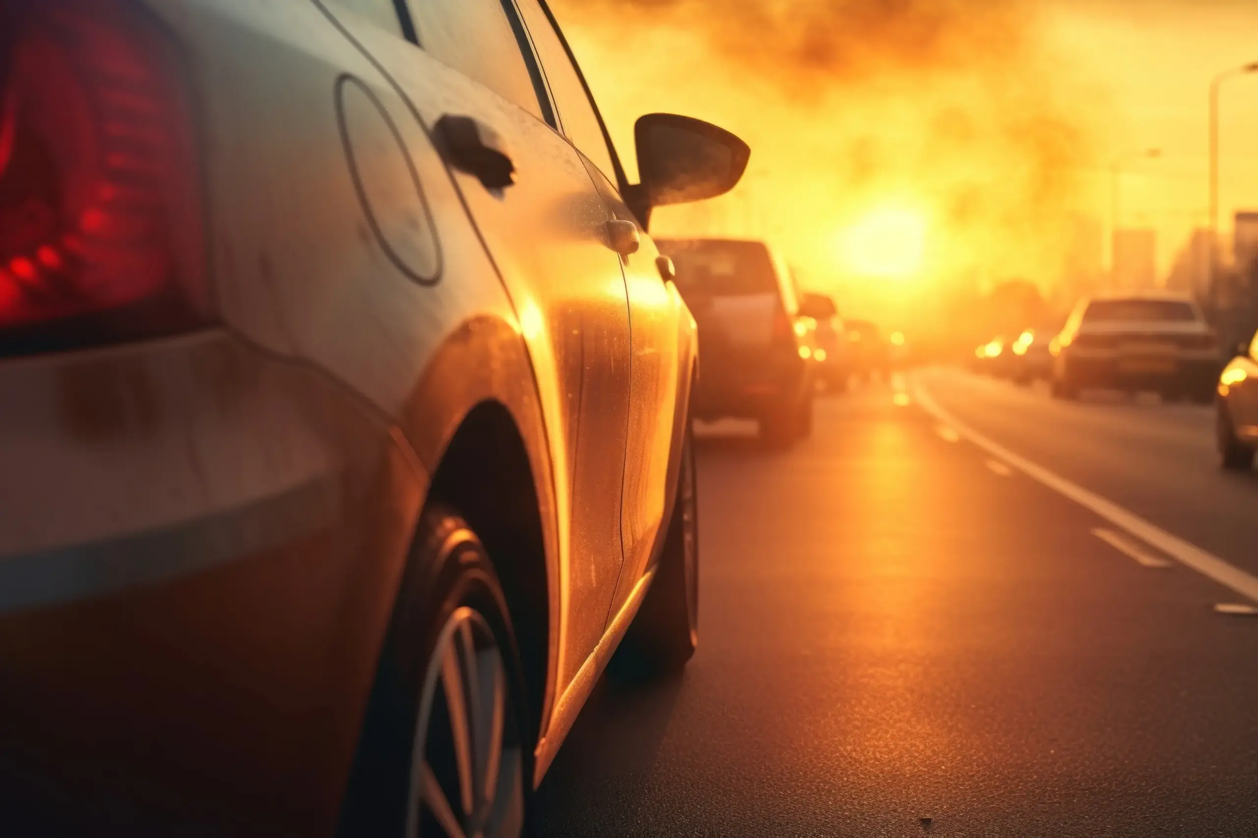 Low view of driving cars in the sunset.