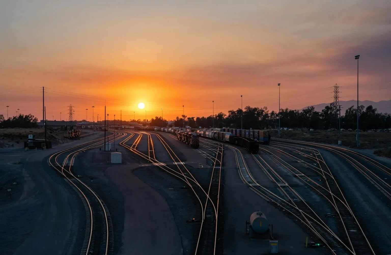 Sunset view of a rail yard.