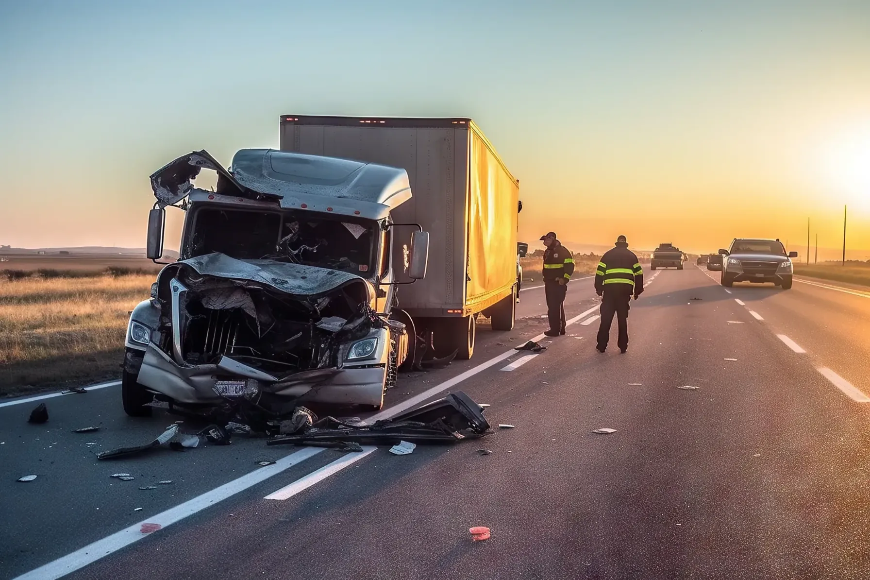 A semi truck smashed in the front after an accident.