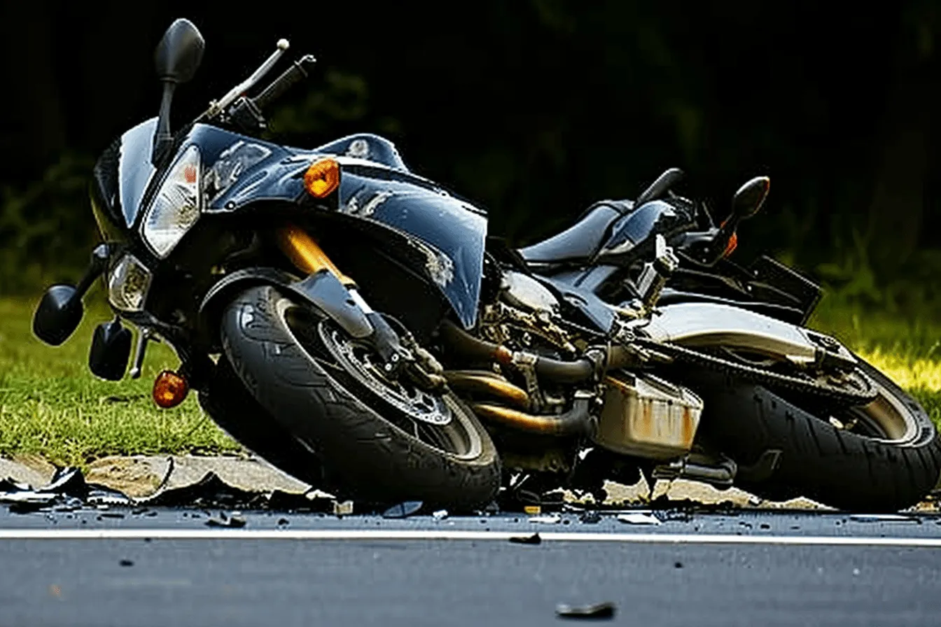 Crashed motorcycle on the side of the road.