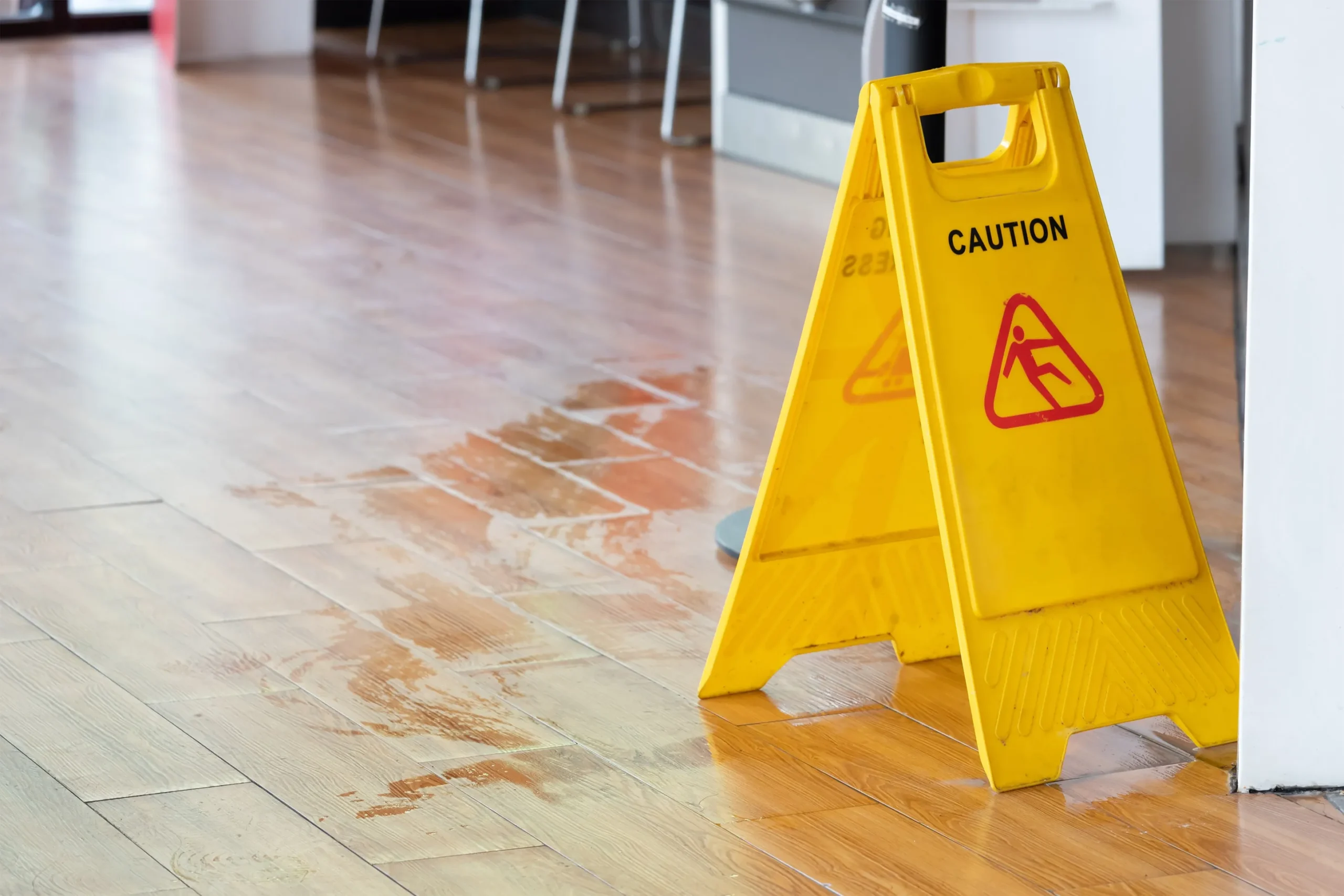 A yellow caution sign on a wet floor.